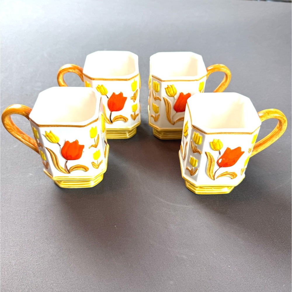 Vintage Octagonal 3D Tulip Ceramic Mugs Set of 4 White Orange Yellow 3.5"